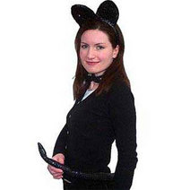Comprising of cat`s ears on a headband, bow tie and pin on tail.