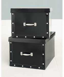 Set of 2 quality high gloss black card boxes with metal handles. Packed flat for easy home
