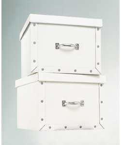 Quality high gloss white card boxes with metal handles. Packed flat for easy home assembly. Size