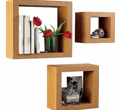 This set of three chunky cube shelves frame and display your possessions. Perfect for any lounge. dining room or hallway as a stylish storage solution. Large cube size H33. W33. D12cm. Medium cube size H26. W26. D12cm. Small cube size H19. W19. D12cm