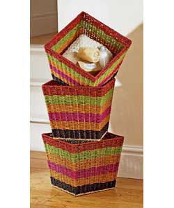 Red, green, orange, pink and black seagrass tapered baskets.General storage use.Stackable items.Size