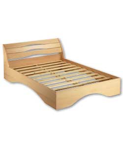 Maple effect bed with curved slatted headboard. So