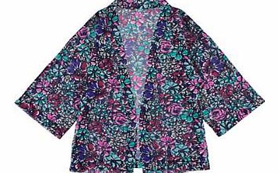 A sheer jacket in a bright feminine floral print with three-quarter length kimono style sleeves. The perfect cover up for a warm summers night. Unlined Washable 100% Polyester Length approx. 66 cm (26 ins)