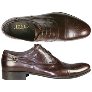 A fashionable Derby shoe from Jones Bootmaker. Features modern detailing with brogue style design to