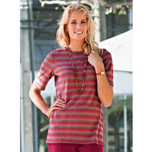 short-sleeved sweater. a simple style in attractively striped, jersey knit. round neckline. straight