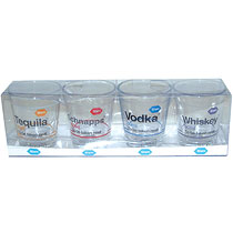Alcohol shots - To be taken neat. Set of 4 clear glasses. Packaged in an acetate box. Box size: 257 