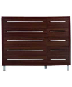 Dark maple-effect chest. Slim, silver-effect handles. 5 wide and 5 narrow drawers with metal