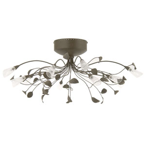 12 light pendant with additional curving arms ending in leaf shapes. Chocolate finish