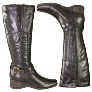 A knee length boot from Jones Bootmaker. Features small wedge heel, decorative strap with metal ring