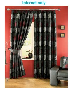 Lined curtains including tie backs.Large all over floral pattern on black background.100 polyester.L