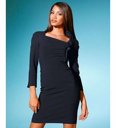 Elegant and stunning dress with long sleeves, concealed back zip fastening, and lining. Unique styled neckline with a taffeta edging. Singh Madan Dress Features: Dry clean only 64% Polyester, 32% Viscose, 4% Elastane Lining: Acetate Taffeta: Polyeste