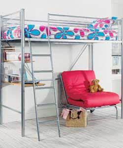 Silver coloured metal bunk bed with ladder. Features versatile fuschia futon sofa, which can be open