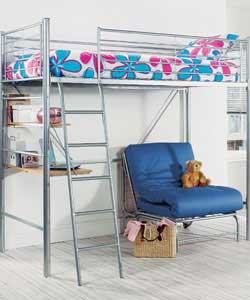 Silver coloured metal bunk bed with ladder. Features versatile blue futon sofa, which can be opened 
