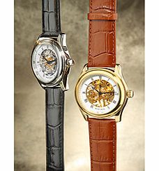 Now you can enjoy the fascinating workings of a mechanical watch with modern wrist-strap convenience. This high-quality watch has a 17-jewel skeleton movement viewable through the mineral glass window from both the front and back of the casing, with 