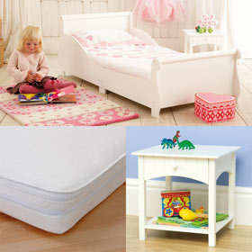 Unbranded Sleigh Toddler Bed, Bedside Table and Open Coil Cool Flow Mattress - SAVE andpound;25