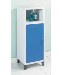 White plastic. Open storage compartment on top. Single central fixed shelf inside. Blue door with