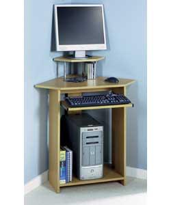 Corner workstation with fixed shelves.Suitable for 14in CRT or 19in LCD monitor, keyboard and hard