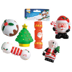 Squeaky Christmas fun in a variety of designs.  Choose from Santa, a dumbell, a pudding, a cracker, 