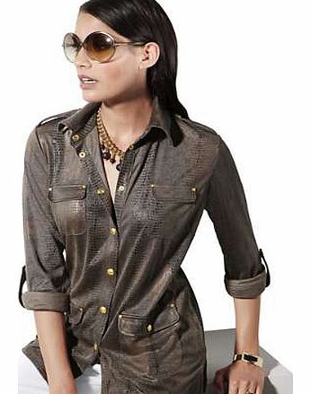 Faux suede blouse with shimmering foil print in a snakeskin design. With flap pockets decorated with studs on the front, full length press stud panel and shoulder tab with decorative button detail. The sleeves can be rolled up to three-quarter length