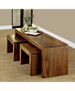 Set of 3 tables - one large and 2 small.Medium brown colour, solid wood sheesham.Size of largest