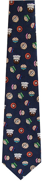 Expressionless Southpark faces randomly scattered on a navy patterned background tie