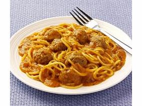 Spaghetti topped with juicy meatballs covered in a herby tomato sauce