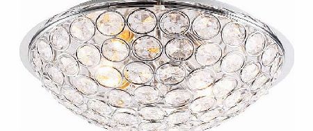 This silver ceiling light features a modern round dome design and the intricate sparkle detail adds an elegant touch to the room. Chrome and acrylic. Drop 12.5cm. Diameter 30cm. IP rating 20. No wiring required. Bulbs required 2 x 30W SES eco halogen