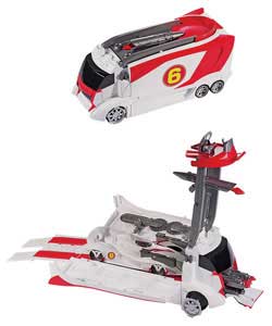 Transforming Speed Racer stunt play set changes from the ultimate vehicle hauler to a working custom