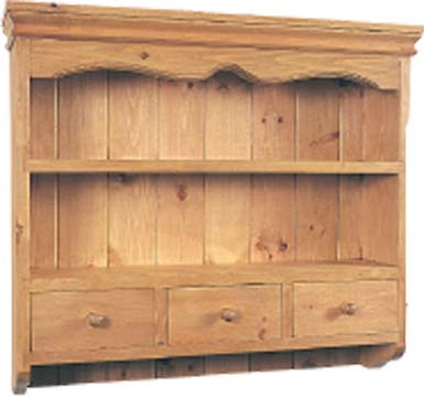 Traditional spice rack with two shelves  three drawers and a fancy top pelmet