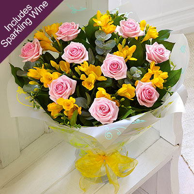Unbranded Spring Rose and Freesia Hand-tied with Sparkling Rose Wine