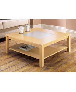 Beech effect square coffee table with a misty, milky glass finish. Size (H)34.5, (W)90, (L)90cm