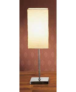 Brushed steel finish with cream paper shade.In-line switch.Height 56cm.Shade diameter 15cm.Requires
