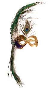 Gold eye-mask with dramatic peacock feather decoration. Photos are not to scale; size guide - maximu