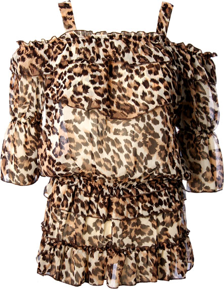 Animal print chiffon off the shoulder top with ruched waist 100 Polyester