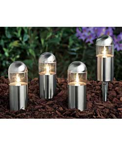 Ideal for illuminating garden features.Includes 4 x outdoor stainless steel spike lights, a 12v