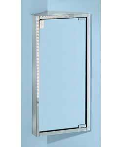 Stainless steel corner wall cabinet with 1 internal metal shelf and mirrored door. Dimensions