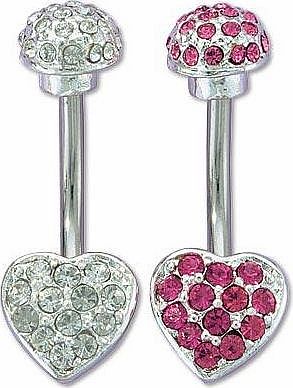 Unbranded Stainless Steel Rose and Clear Heart Belly Bars