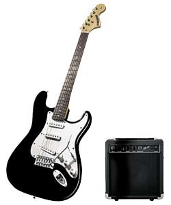 Unbranded Starcaster-by-Fender Strat Guitar and Amp Set - Black