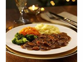 Tender chunks of steak, mushrooms and vegetables in a rich sauce. Served with mashed potato, broccoli and mashed carrot.