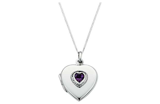 A sterling silver locket pendant with an Amethyst at the centre. Sterling silver. Length of necklace 46cm/18in. EAN: 2198006.