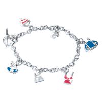 Pretty sterling silver charm bracelet with t-bar fastening. Complete with 6 solid silver enamelled