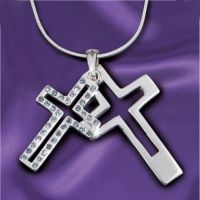 . Pair of silver crosses, one set with blue crystals on an elegant snake chain. Chain length 41cm