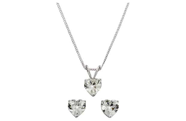 Heart shaped cubic zirconia are set within solid sterling silver in this necklace and earring set. Sterling silver. Necklace: Length of necklace 46cm/18in. Earrings: Size 7mm. EAN: 2199108.
