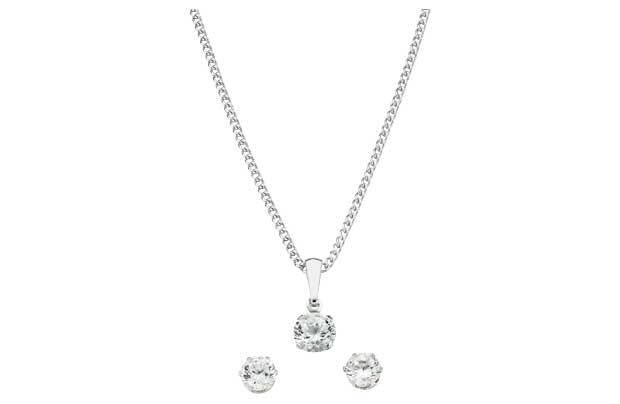 Crystal cubic zirconia sit on a silver necklace and stud earring set. Sterling silver. Necklace: Length of necklace 41cm/16in. Earrings: Size 5mm. EAN: 2198350.