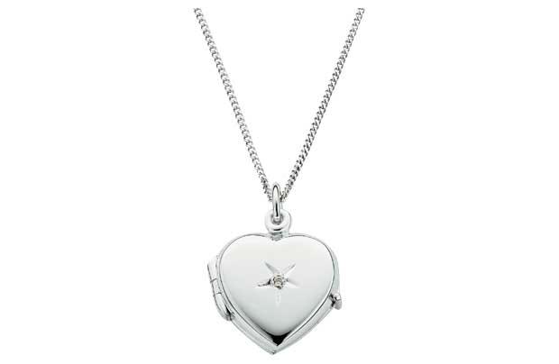 A single diamond sits at the centre of this sterling silver locket. Sterling silver. Diamond set pendant. Length of necklace 46cm/18in. Pendant size H15