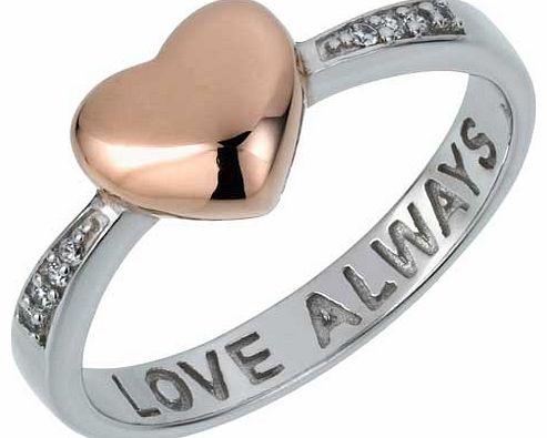 Show someone how you feel with this silver engraved ring. This ring features a rose gold plated heart at its centre. with a line of white cubic zirconias either side. Available in sizes H to V. Message in shank reads Love Always. EAN: 1468933.