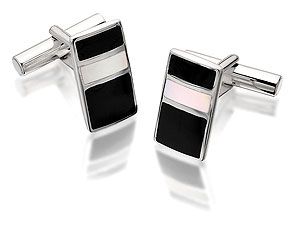 Unbranded Sterling-Silver-Onyx-And-Mother-Of-Pearl-Stripe-Cufflinks-014604