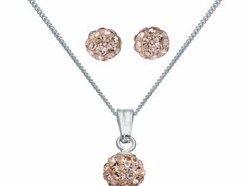 Perfect for any little princess. the gorgeous peach coloured glitter ball pendant and matching earrings will be sure to make her sparkle. Sterling silver. Necklace: Cubic zirconia stone set. Length of necklace 41cm/16in. Earrings: Size 5mm. EAN: 9019
