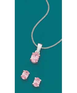 Sterling Silver Pink Cubic Zirconia Pendant and Earrings