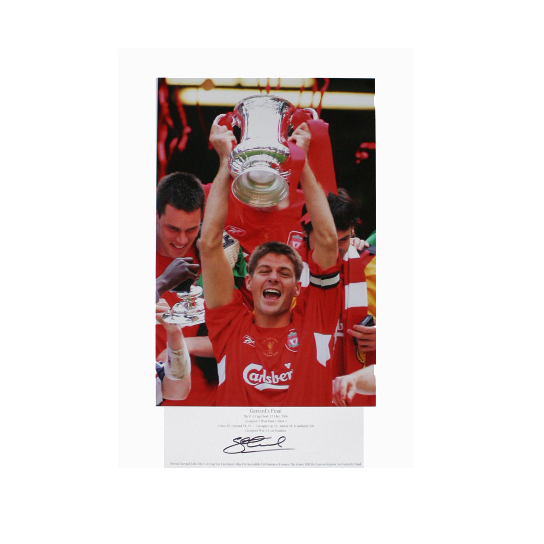This photograph shows Steven Gerrard lifting the FA Cup after his wondergoal took Liverpool to victo